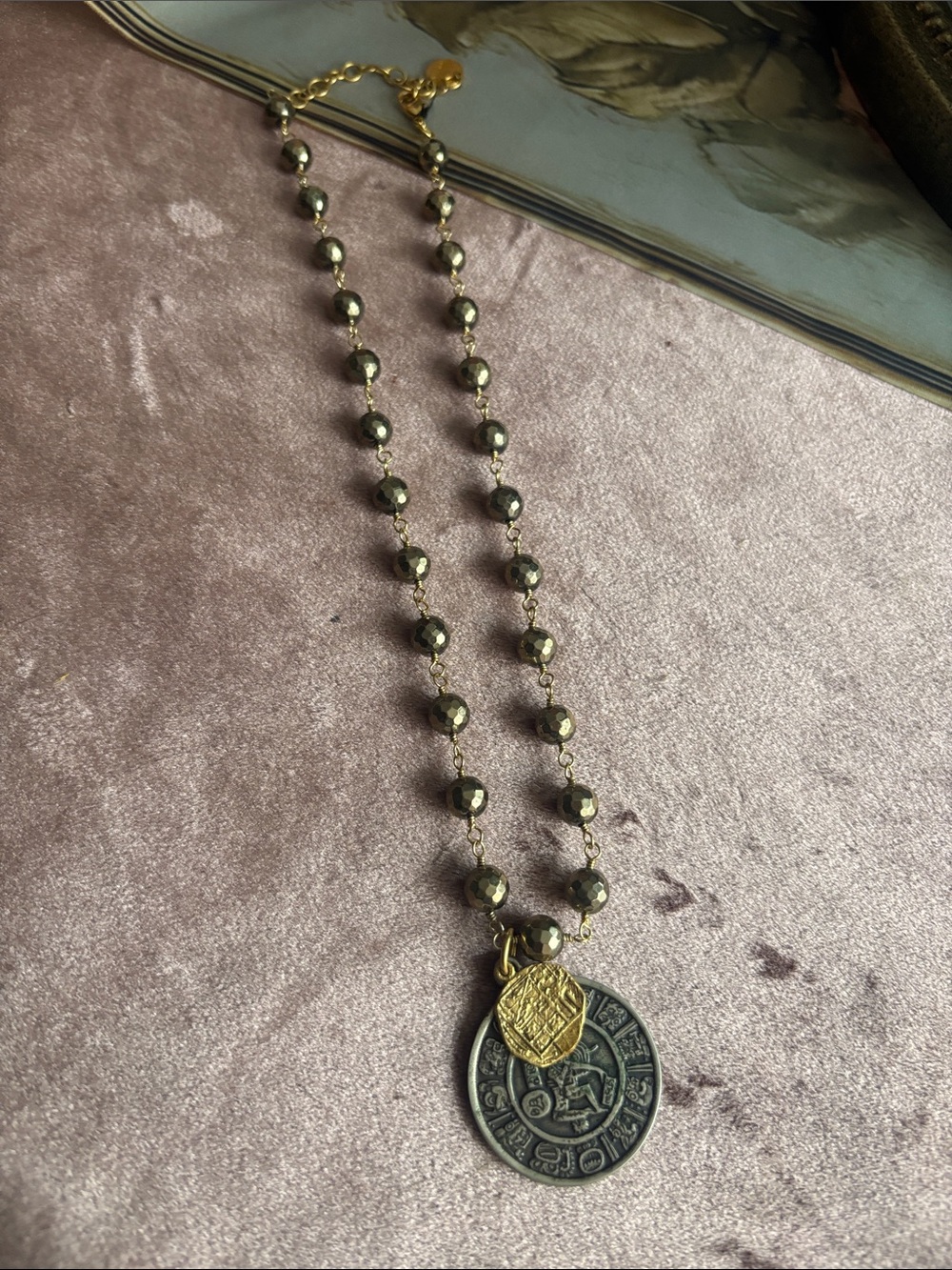 Gold-Tone Beaded Necklace with Antique Medallion Pendant - Women Jewelry